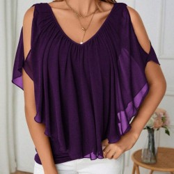 Kadın Kısa Kollu V Yakalı Omuzlardan Açık Salaş şifon Bluz, 31054