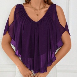 Kadın Kısa Kollu V Yakalı Omuzlardan Açık Salaş şifon Bluz, 31054