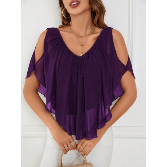 Kadın Kısa Kollu V Yakalı Omuzlardan Açık Salaş şifon Bluz, 31054