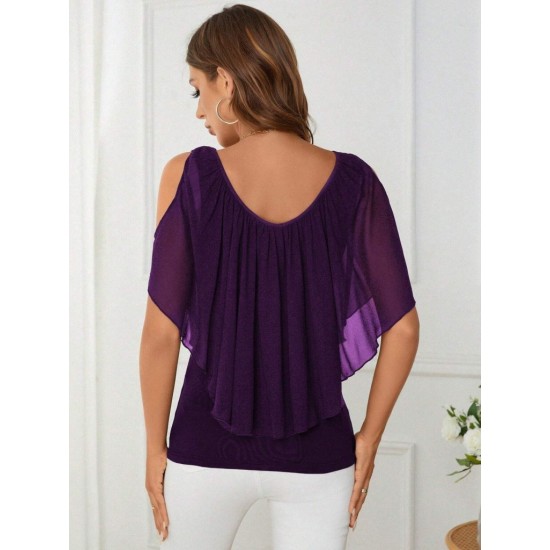 Kadın Kısa Kollu V Yakalı Omuzlardan Açık Salaş şifon Bluz, 31054
