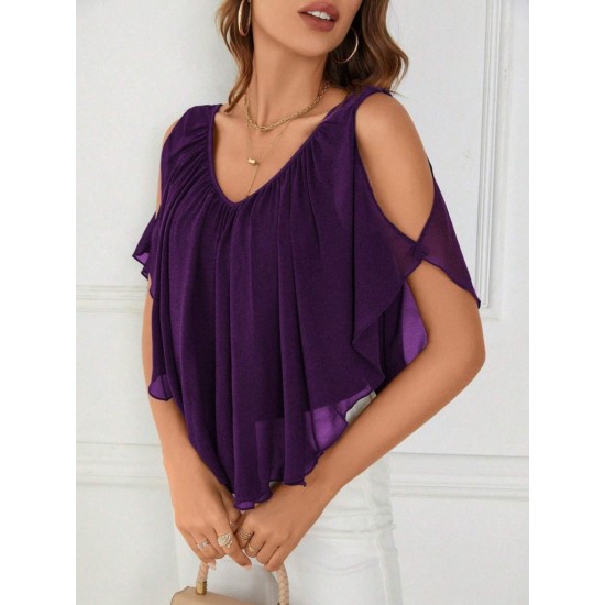Kadın Kısa Kollu V Yakalı Omuzlardan Açık Salaş şifon Bluz, 31054
