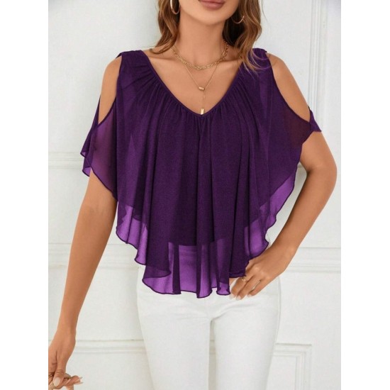Kadın Kısa Kollu V Yakalı Omuzlardan Açık Salaş şifon Bluz, 31054