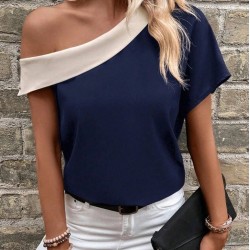 Kadın Tek Omuzu Açık Asimetrik Yaka Detaylı çift Renkli Ithal Krep Bluz, 31053