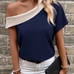 Kadın Tek Omuzu Açık Asimetrik Yaka Detaylı çift Renkli Ithal Krep Bluz, 31053