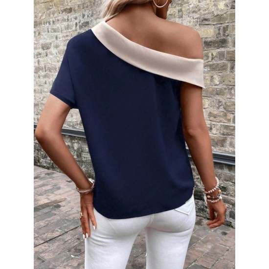 Kadın Tek Omuzu Açık Asimetrik Yaka Detaylı çift Renkli Ithal Krep Bluz, 31053