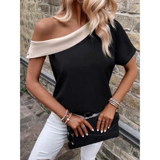 Kadın Tek Omuzu Açık Asimetrik Yaka Detaylı çift Renkli Ithal Krep Bluz, 31052