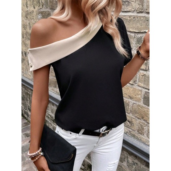Kadın Tek Omuzu Açık Asimetrik Yaka Detaylı çift Renkli Ithal Krep Bluz, 31052