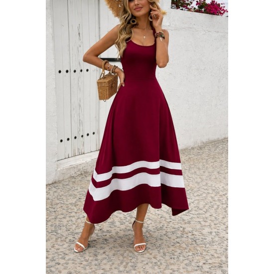 Kadın Askılı Yuvarlak Yaka Asimetrik şerit Detaylı Uzun Viskon Elbise, 31049