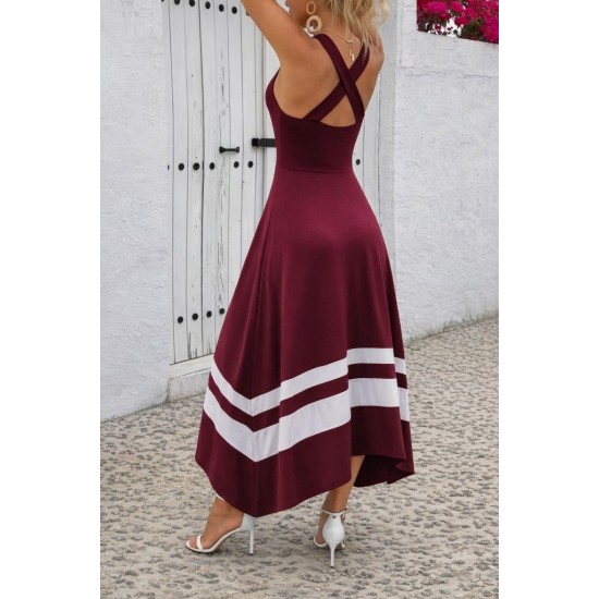 Kadın Askılı Yuvarlak Yaka Asimetrik şerit Detaylı Uzun Viskon Elbise, 31049