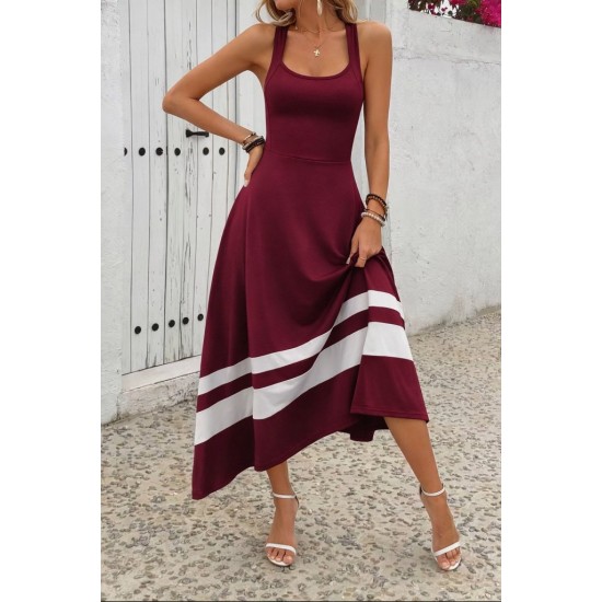 Kadın Askılı Yuvarlak Yaka Asimetrik şerit Detaylı Uzun Viskon Elbise, 31049