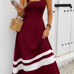 Kadın Askılı Yuvarlak Yaka Asimetrik şerit Detaylı Uzun Viskon Elbise, 31049