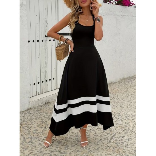 Kadın Askılı Yuvarlak Yaka Asimetrik şerit Detaylı Uzun Viskon Elbise, 31048