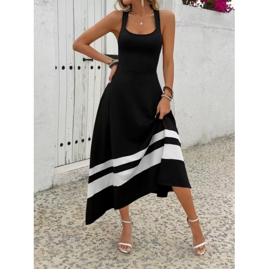 Kadın Askılı Yuvarlak Yaka Asimetrik şerit Detaylı Uzun Viskon Elbise, 31048