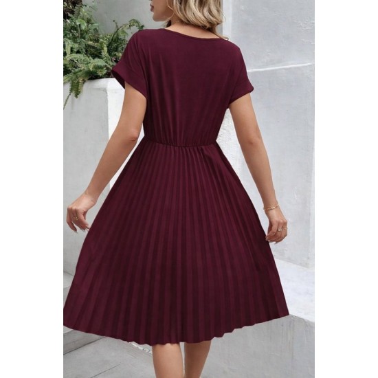 Kadın Kısa Kollu Yakası Açık Belden Lastikli Pileli Kısa Ithal Krep Elbise, 31047