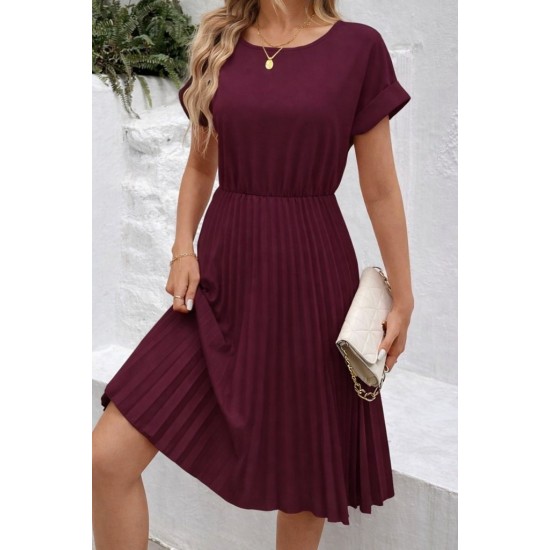 Kadın Kısa Kollu Yakası Açık Belden Lastikli Pileli Kısa Ithal Krep Elbise, 31047