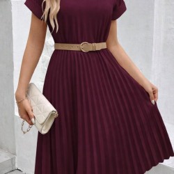 Kadın Kısa Kollu Yakası Açık Belden Lastikli Pileli Kısa Ithal Krep Elbise, 31047