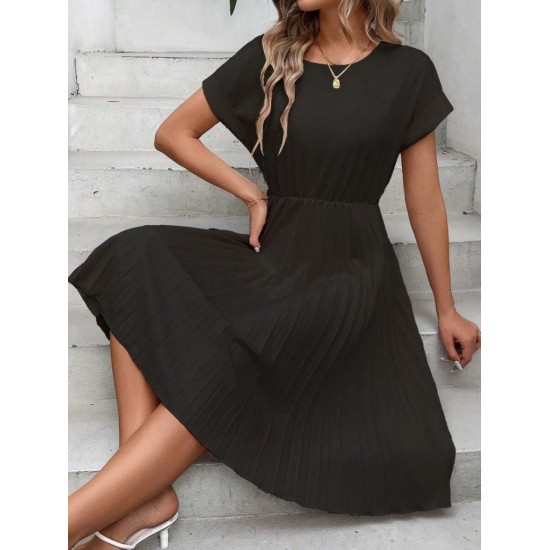 Kadın Kısa Kollu Yakası Açık Belden Lastikli Pileli Kısa Ithal Krep Elbise, 31045