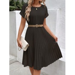 Kadın Kısa Kollu Yakası Açık Belden Lastikli Pileli Kısa Ithal Krep Elbise, 31045