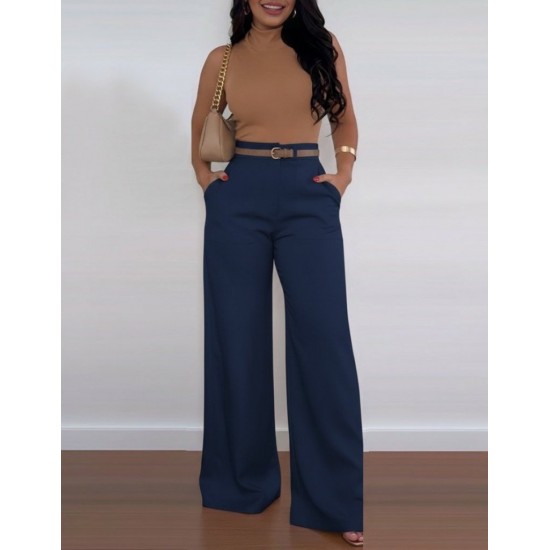 Kadın Yüksek Bel Geniş Paça Detaylı Cepli Ithal Krep Pantolon , 31066