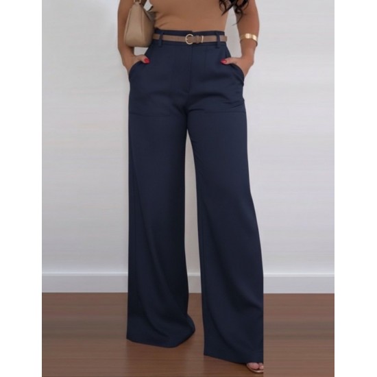 Kadın Yüksek Bel Geniş Paça Detaylı Cepli Ithal Krep Pantolon , 31066