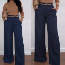 Kadın Yüksek Bel Geniş Paça Detaylı Cepli Ithal Krep Pantolon , 31066