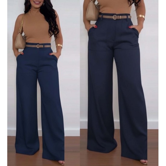 Kadın Yüksek Bel Geniş Paça Detaylı Cepli Ithal Krep Pantolon , 31066