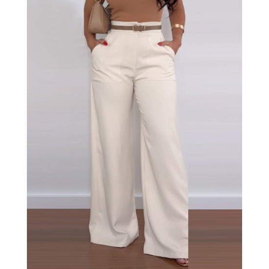 Kadın Yüksek Bel Geniş Paça Detaylı Cepli Ithal Krep Pantolon , 31065