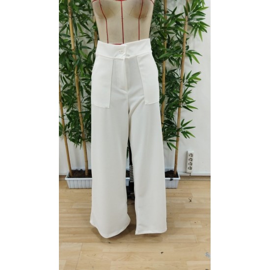 Kadın Yüksek Bel Geniş Paça Detaylı Cepli Ithal Krep Pantolon , 31065