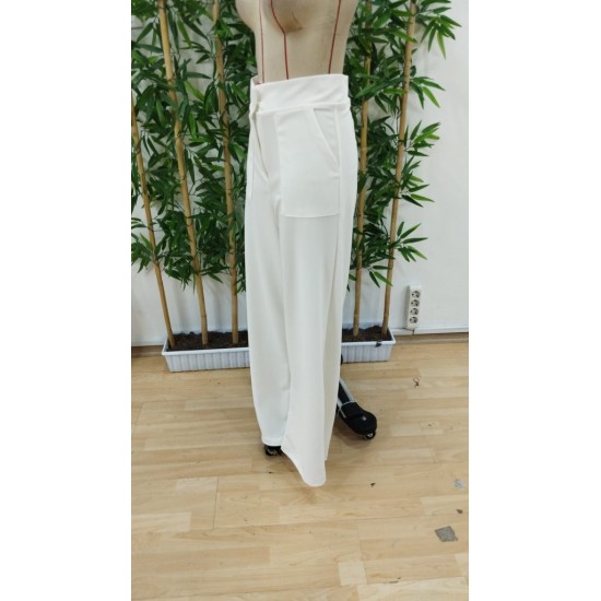 Kadın Yüksek Bel Geniş Paça Detaylı Cepli Ithal Krep Pantolon , 31065