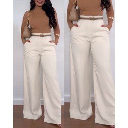 Kadın Yüksek Bel Geniş Paça Detaylı Cepli Ithal Krep Pantolon , 31065