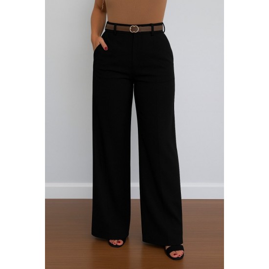 Kadın Yüksek Bel Geniş Paça Detaylı Cepli Ithal Krep Pantolon , 31064