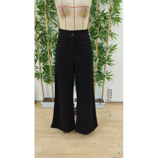 Kadın Yüksek Bel Geniş Paça Detaylı Cepli Ithal Krep Pantolon , 31064