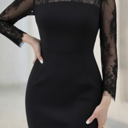 Kadın Uzun Kollu Balıkçı Yaka Dantel Detaylı Midi Ithal Krep Elbise , 31062