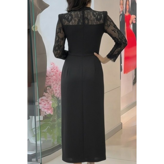 Kadın Uzun Kollu Balıkçı Yaka Dantel Detaylı Midi Ithal Krep Elbise , 31062