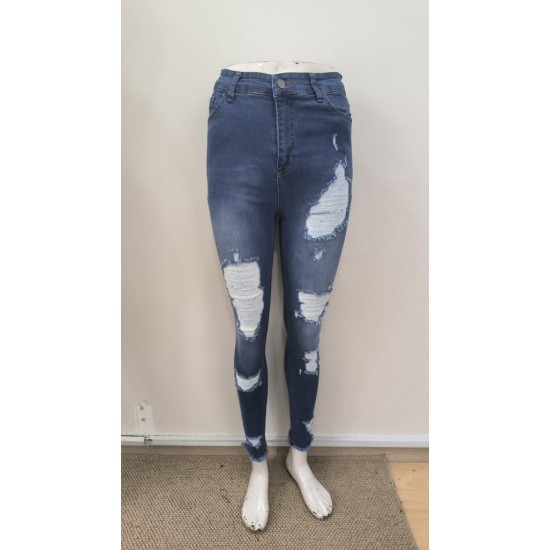 Kadın Yüksek Bel Düğmeli Yırtık Kot Pantolon , 31061