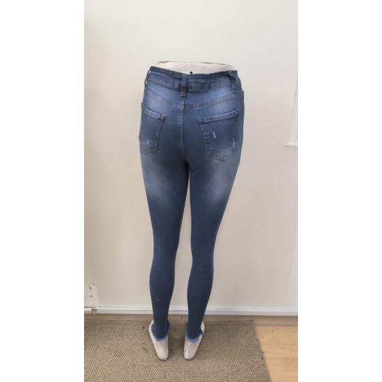 Kadın Yüksek Bel Düğmeli Yırtık Kot Pantolon , 31061