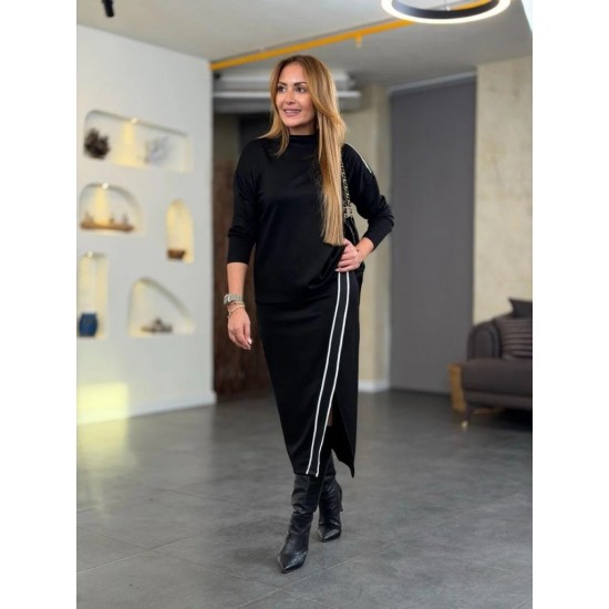 Kadın Uzun Kollu Yüksek Yakalı Yan şerit Detaylı Viskon Iki Iplik Bluz Ve Etek Ikili Takım, 31059