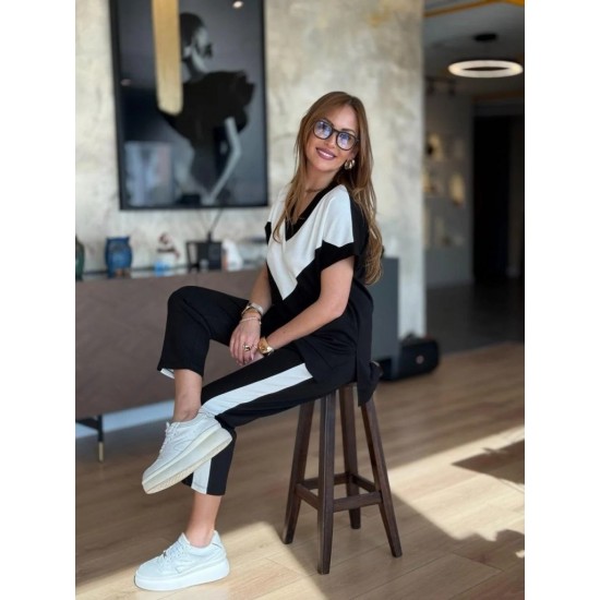 Kadın Kısa Kollu V Yakalı çift Renkli Viskon Iki Iplik Ikili Bluz Ve Pantolon Takım, 30980
