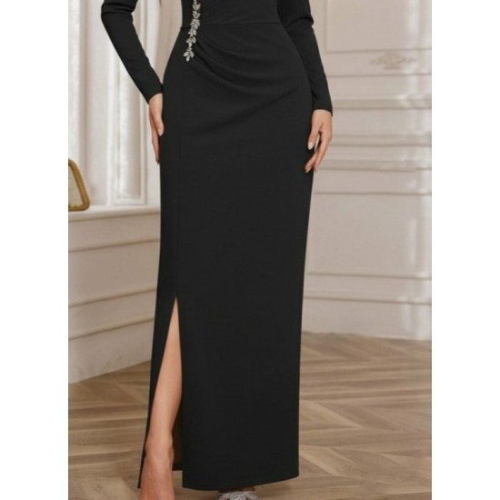 Kadın Uzun Kollu Kruvaze Yakalı Yanları Taşlı Yırtmaçlı Uzun Ithal Krep Elbise, 30343