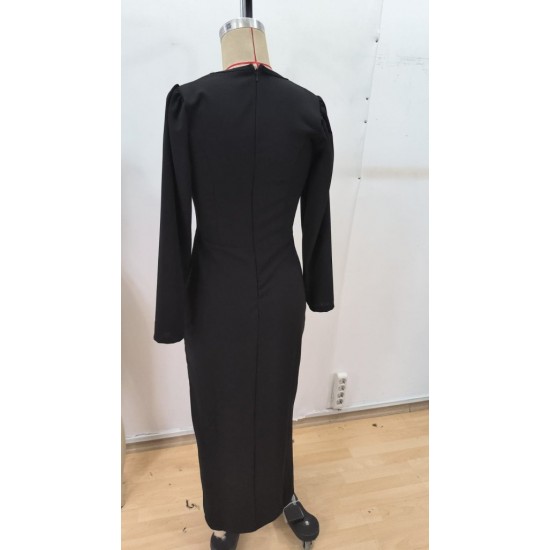 Kadın Uzun Kollu Kruvaze Yakalı Yanları Taşlı Yırtmaçlı Uzun Ithal Krep Elbise, 30343