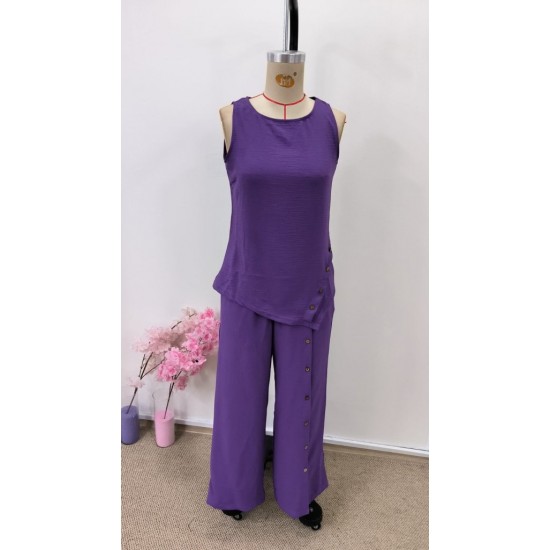 Kadın Askılı Yuvarlak Yakalı önü Asimetrik Detaylı Düğmeli Aerobin Bluz Ve Pantolon Ikili Takım , 31014