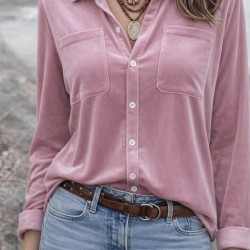 Kadın Uzun Kollu Yakalı önden Düğmeli Cep Detaylı Kadife Gömlek , 31075