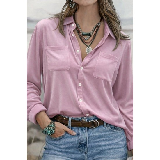 Kadın Uzun Kollu Yakalı önden Düğmeli Cep Detaylı Kadife Gömlek , 31075