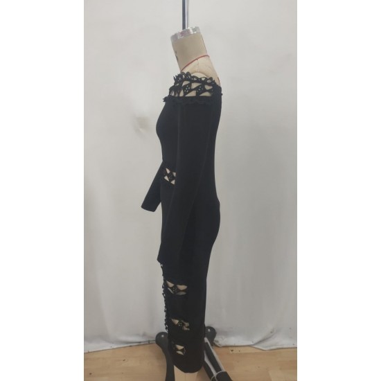 Kadın Uzun Kollu Madonna Dantel Yaka Yırtmaçlı Midi Dalgıç Elbise, 31082