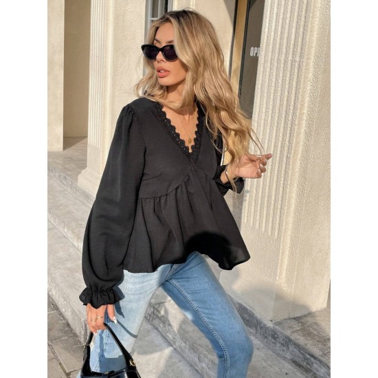 Kadın Uzun Kollu V Dantel Yaka Aerobin Bluz , 31081