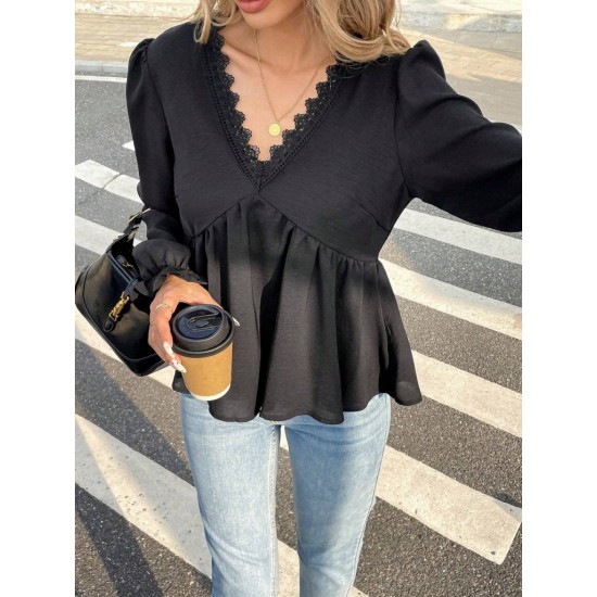 Kadın Uzun Kollu V Dantel Yaka Aerobin Bluz , 31081