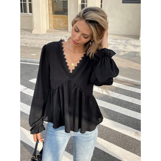 Kadın Uzun Kollu V Dantel Yaka Aerobin Bluz , 31081