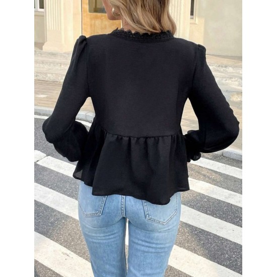 Kadın Uzun Kollu V Dantel Yaka Aerobin Bluz , 31081