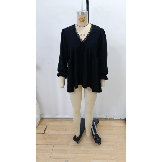 Kadın Uzun Kollu V Dantel Yaka Aerobin Bluz , 31081