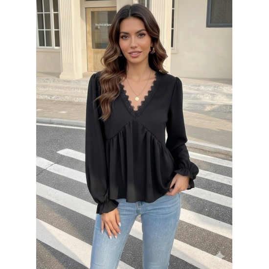 Kadın Uzun Kollu V Dantel Yaka Aerobin Bluz , 31081